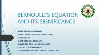 BERNOULLI’S EQUATION
AND ITS SIGNIFICANCE
NAME: RUDRASHIS BISWAS
DEPARTMENT: CHEMICAL ENGINEERING
SEMESTER: 3rd
CLASS ROLL NO.: 18/CHE/25
UNIVERSITY ROLL NO.: 10300618025
COURSE: FLUID MECHANICS
COLLEGE: HALDIA INSTITUTE OF TECHNOLOGY
 