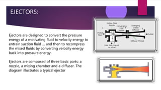 EJECTORS:
Ejectors are designed to convert the pressure
energy of a motivating fluid to velocity energy to
entrain suction fluid … and then to recompress
the mixed fluids by converting velocity energy
back into pressure energy.
Ejectors are composed of three basic parts: a
nozzle, a mixing chamber and a diffuser. The
diagram illustrates a typical ejector
 