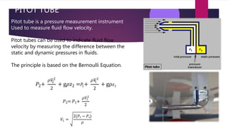 PITOT TUBE
Pitot tube is a pressure measurement instrument
Used to measure fluid flow velocity.
Pitot tubes can be used to indicate fluid flow
velocity by measuring the difference between the
static and dynamic pressures in fluids.
The principle is based on the Bernoulli Equation.
2
𝑃 +
2
2 1
+ g𝜌𝑧 =𝑃 +
2 1
𝜌𝑉2
𝜌𝑉2
2
+ gρ𝑧1
𝑃2= 𝑃1+
1
𝜌𝑉2
2
1
𝑉 =
2(𝑃𝑡 − 𝑃𝑠)
𝜌
 
