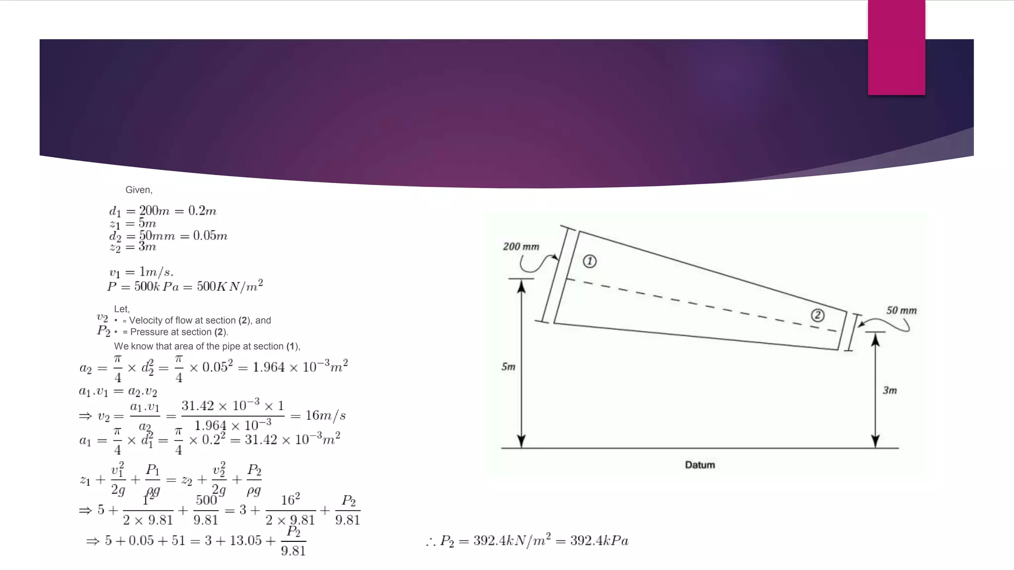 Given,
Let,
• = Velocity of flow at section (2), and
• = Pressure at section (2).
We know that area of the pipe at section (1),
 