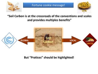 Fortune cookie message!


“Soil Carbon is at the crossroads of the conventions and scales
               and provides multiples benefits”




                            Soil
         GLOBAL                               LOCAL
                           Carbon                          UNCCD




            But “Pratices” should be highlighted!
 