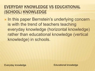EVERYDAY KNOWLEDGE VS EDUCATIONAL
(SCHOOL) KNOWLEDGE
 In this paper Bernstein’s underlying concern
is with the trend of teachers teaching
everyday knowledge (horizontal knowledge)
rather than educational knowledge (vertical
knowledge) in schools.
Everyday knowledge Educational knowledge
 