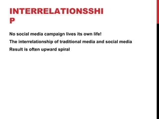 INTERRELATIONSSHI
P
No social media campaign lives its own life!
The interrelationship of traditional media and social media
Result is often upward spiral
 