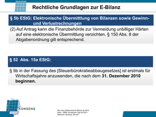 Rechtliche Grundlagen zur E-Bilanz

§ 5b EStG: Elektronische Übermittlung von Bilanzen sowie Gewinn-
             und Verlustrechnungen
(2) Auf Antrag kann die Finanzbehörde zur Vermeidung unbilliger Härten
    auf eine elektronische Übermittlung verzichten. § 150 Abs. 8 der
    Abgabenordnung gilt entsprechend.



§ 52 Abs. 15a EStG:

§ 5b in der Fassung des [Steuerbürokratieabbaugesetzes] ist erstmals für
   Wirtschaftsjahre anzuwenden, die nach dem 31. Dezember 2010
   beginnen.




                        Die neue Elektronische Bilanz ab 2012
                        Bern - XBRL Schweizer Tag 9.9.2011
                        Referent: Andreas Arnold
 