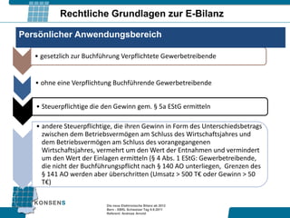 Rechtliche Grundlagen zur E-Bilanz

Persönlicher Anwendungsbereich

   • gesetzlich zur Buchführung Verpflichtete Gewerbetreibende


   • ohne eine Verpflichtung Buchführende Gewerbetreibende


   • Steuerpflichtige die den Gewinn gem. § 5a EStG ermitteln

   • andere Steuerpflichtige, die ihren Gewinn in Form des Unterschiedsbetrags
     zwischen dem Betriebsvermögen am Schluss des Wirtschaftsjahres und
     dem Betriebsvermögen am Schluss des vorangegangenen
     Wirtschaftsjahres, vermehrt um den Wert der Entnahmen und vermindert
     um den Wert der Einlagen ermitteln (§ 4 Abs. 1 EStG: Gewerbetreibende,
     die nicht der Buchführungspflicht nach § 140 AO unterliegen, Grenzen des
     § 141 AO werden aber überschritten (Umsatz > 500 T€ oder Gewinn > 50
     T€)


                          Die neue Elektronische Bilanz ab 2012
                          Bern - XBRL Schweizer Tag 9.9.2011
                          Referent: Andreas Arnold
 