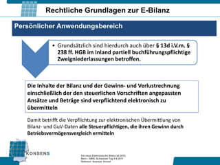 Rechtliche Grundlagen zur E-Bilanz

Persönlicher Anwendungsbereich

             • Grundsätzlich sind hierdurch auch über § 13d i.V.m. §
               238 ff. HGB im Inland partiell buchführungspflichtige
               Zweigniederlassungen betroffen.



   Die Inhalte der Bilanz und der Gewinn- und Verlustrechnung
   einschließlich der den steuerlichen Vorschriften angepassten
   Ansätze und Beträge sind verpflichtend elektronisch zu
   übermitteln
   Damit betrifft die Verpflichtung zur elektronischen Übermittlung von
   Bilanz- und GuV-Daten alle Steuerpflichtigen, die ihren Gewinn durch
   Betriebsvermögensvergleich ermitteln


                          Die neue Elektronische Bilanz ab 2012
                          Bern - XBRL Schweizer Tag 9.9.2011
                          Referent: Andreas Arnold
 