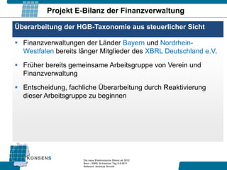 Projekt E-Bilanz der Finanzverwaltung

Überarbeitung der HGB-Taxonomie aus steuerlicher Sicht

 Finanzverwaltungen der Länder Bayern und Nordrhein-
  Westfalen bereits länger Mitglieder des XBRL Deutschland e.V.

 Früher bereits gemeinsame Arbeitsgruppe von Verein und
  Finanzverwaltung

 Entscheidung, fachliche Überarbeitung durch Reaktivierung
  dieser Arbeitsgruppe zu beginnen




                     Die neue Elektronische Bilanz ab 2012
                     Bern - XBRL Schweizer Tag 9.9.2011
                     Referent: Andreas Arnold
 