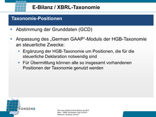 E-Bilanz / XBRL-Taxonomie

Taxonomie-Positionen

 Abstimmung der Grunddaten (GCD)

 Anpassung des „German GAAP“-Moduls der HGB-Taxonomie
  an steuerliche Zwecke:
    Ergänzung der HGB-Taxonomie um Positionen, die für die
     steuerliche Deklaration notwendig sind
    Für Übermittlung können alle so insgesamt vorhandenen
     Positionen der Taxonomie genutzt werden




                      Die neue Elektronische Bilanz ab 2012
                      Bern - XBRL Schweizer Tag 9.9.2011
                      Referent: Andreas Arnold
 