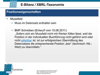 E-Bilanz / XBRL-Taxonomie

Positionseigenschaften

 Mussfeld
    Muss im Datensatz enthalten sein

    BMF-Schreiben (Entwurf vom 10.08.2011):
     „Sofern sich ein Mussfeld nicht mit Werten füllen lässt, weil die
     Position in der individuellen Buchführung nicht geführt wird oder
     nicht ableitbar ist, ist zur erfolgreichen Übermittlung des
     Datensatzes die entsprechende Position „leer“ (technisch: NIL-
     Wert) zu übermitteln.“




                       Die neue Elektronische Bilanz ab 2012
                       Bern - XBRL Schweizer Tag 9.9.2011
                       Referent: Andreas Arnold
 