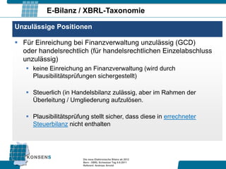 E-Bilanz / XBRL-Taxonomie

Unzulässige Positionen

 Für Einreichung bei Finanzverwaltung unzulässig (GCD)
  oder handelsrechtlich (für handelsrechtlichen Einzelabschluss
  unzulässig)
    keine Einreichung an Finanzverwaltung (wird durch
     Plausibilitätsprüfungen sichergestellt)

    Steuerlich (in Handelsbilanz zulässig, aber im Rahmen der
     Überleitung / Umgliederung aufzulösen.

    Plausibilitätsprüfung stellt sicher, dass diese in errechneter
     Steuerbilanz nicht enthalten




                        Die neue Elektronische Bilanz ab 2012
                        Bern - XBRL Schweizer Tag 9.9.2011
                        Referent: Andreas Arnold
 