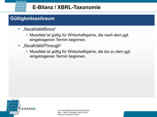 E-Bilanz / XBRL-Taxonomie

Gültigkeitszeitraum

    „fiscalValidSince“
        Mussfeld ist gültig für Wirtschaftsjahre, die nach dem ggf.
         eingetragenen Termin beginnen.
    „fiscalValidThrough“
        Mussfeld ist gültig für Wirtschaftsjahre, die bis zu dem ggf.
         eingetragenen Termin beginnen.




                          Die neue Elektronische Bilanz ab 2012
                          Bern - XBRL Schweizer Tag 9.9.2011
                          Referent: Andreas Arnold
 