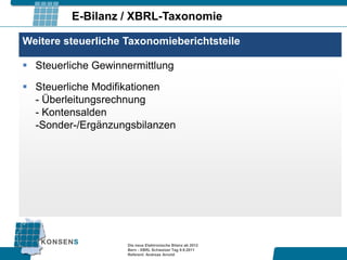E-Bilanz / XBRL-Taxonomie

Weitere steuerliche Taxonomieberichtsteile

 Steuerliche Gewinnermittlung

 Steuerliche Modifikationen
  - Überleitungsrechnung
  - Kontensalden
  -Sonder-/Ergänzungsbilanzen




                    Die neue Elektronische Bilanz ab 2012
                    Bern - XBRL Schweizer Tag 9.9.2011
                    Referent: Andreas Arnold
 