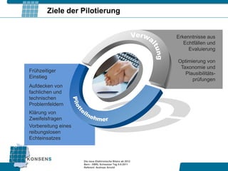 Ziele der Pilotierung


                                                             Erkenntnisse aus
                                                                Echtfällen und
                                                                  Evaluierung

                                                             Optimierung von
                                                              Taxonomie und
Frühzeitiger
                                                                Plausibilitäts-
Einstieg
                                                                   prüfungen
Aufdecken von
fachlichen und
technischen
Problemfeldern
Klärung von
Zweifelsfragen
Vorbereitung eines
reibungslosen
Echteinsatzes



                     Die neue Elektronische Bilanz ab 2012
                     Bern - XBRL Schweizer Tag 9.9.2011
                     Referent: Andreas Arnold
 