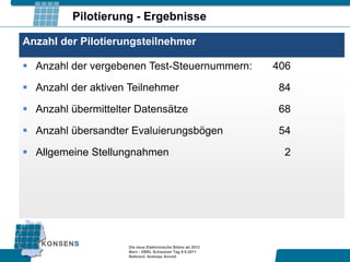 Pilotierung - Ergebnisse

Anzahl der Pilotierungsteilnehmer

 Anzahl der vergebenen Test-Steuernummern:                  406

 Anzahl der aktiven Teilnehmer                               84

 Anzahl übermittelter Datensätze                             68

 Anzahl übersandter Evaluierungsbögen                        54

 Allgemeine Stellungnahmen                                    2




                     Die neue Elektronische Bilanz ab 2012
                     Bern - XBRL Schweizer Tag 9.9.2011
                     Referent: Andreas Arnold
 