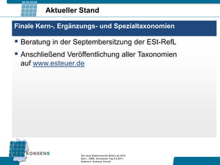 Aktueller Stand

Finale Kern-, Ergänzungs- und Spezialtaxonomien

 Beratung in der Septembersitzung der ESt-RefL
 Anschließend Veröffentlichung aller Taxonomien
 auf www.esteuer.de




                   Die neue Elektronische Bilanz ab 2012
                   Bern - XBRL Schweizer Tag 9.9.2011
                   Referent: Andreas Arnold
 