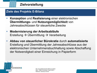Zielvorstellung

Ziele des Projekts E-Bilanz

 Konzeption und Realisierung einer elektronischen
  Übermittlungs- und Nutzungsmöglichkeit von
  Jahresabschlüssen für steuerliche Zwecke

 Modernisierung der Arbeitsabläufe
  Erstellung  Übermittlung  Verarbeitung

 Abbau von steuerlicher Bürokratie durch automatisierte
  Erstellung und Übermittlung der Jahresabschlüsse aus der
  elektronischen Unternehmensbuchhaltung sowie Abschaffung
  der Notwendigkeit einer Einreichung in Papierform




                     Die neue Elektronische Bilanz ab 2012
                     Bern - XBRL Schweizer Tag 9.9.2011
                     Referent: Andreas Arnold
 
