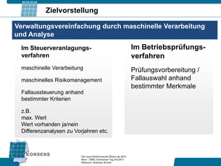 Zielvorstellung

Verwaltungsvereinfachung durch maschinelle Verarbeitung
und Analyse
  Im Steuerveranlagungs-                                          Im Betriebsprüfungs-
  verfahren                                                       verfahren
  maschinelle Verarbeitung                                        Prüfungsvorbereitung /
  maschinelles Risikomanagement                                   Fallauswahl anhand
                                                                  bestimmter Merkmale
  Fallaussteuerung anhand
  bestimmter Kriterien

  z.B.
  max. Wert
  Wert vorhanden ja/nein
  Differenzanalysen zu Vorjahren etc.



                          Die neue Elektronische Bilanz ab 2012
                          Bern - XBRL Schweizer Tag 9.9.2011
                          Referent: Andreas Arnold
 