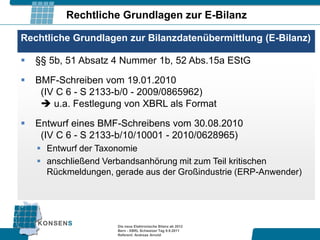 Rechtliche Grundlagen zur E-Bilanz

Rechtliche Grundlagen zur Bilanzdatenübermittlung (E-Bilanz)

   §§ 5b, 51 Absatz 4 Nummer 1b, 52 Abs.15a EStG

   BMF-Schreiben vom 19.01.2010
     (IV C 6 - S 2133-b/0 - 2009/0865962)
      u.a. Festlegung von XBRL als Format

   Entwurf eines BMF-Schreibens vom 30.08.2010
     (IV C 6 - S 2133-b/10/10001 - 2010/0628965)
     Entwurf der Taxonomie
     anschließend Verbandsanhörung mit zum Teil kritischen
      Rückmeldungen, gerade aus der Großindustrie (ERP-Anwender)




                      Die neue Elektronische Bilanz ab 2012
                      Bern - XBRL Schweizer Tag 9.9.2011
                      Referent: Andreas Arnold
 