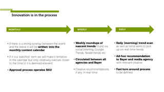 Innovation is in the process
MONTHLY WEEKLY DAILY
• Weekly roundups of
nascent trends found via
social listening, Google
Trends, Reddit trends etc
• Circulated between all
agencies and Bayer
• Creative recommendations,
if any, in real-time
• If there is a strong synergy between the event
and the brand it will be written into the
monthly content calendar
• If it is a ‘watchlist’ item we will make it tentative
in the calendar but only creatively execute closer
to the time (if it is deemed relevant)
• Approval process operates BAU
• Daily (morning) trend scan
as well as trend alerts to pick
up on real-time trends
• Ad-hoc recommendation
to Bayer and media agency
with relevant creative
• Fast turn around process
to be defined
 