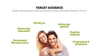 TARGET AUDIENCE
Bubbly enthusiasts who want to enjoy their active and healthy lifestyle to the full
30-44 yrs Active go-
getters
University
educated
Occasional
Berocca users
Positive
outlook
Progressive &
proactive
 