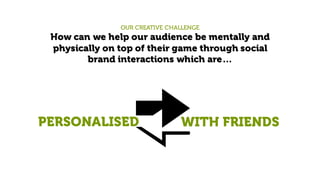 OUR CREATIVE CHALLENGE
How can we help our audience be mentally and
physically on top of their game through social
brand interactions which are…
PERSONALISED WITH FRIENDS
 