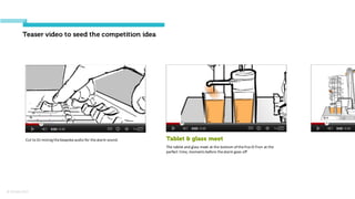 © Orchard 2015
Teaser video to seed the competition idea
Cut	
  to	
  DJ	
  mixing	
  the	
  bespoke	
  audio	
  for	
  the	
  alarm	
  sound. Tablet & glass meet
The	
  tablet	
  and	
  glass	
  meet	
  at	
  the	
  bottom	
  of	
  the	
  Fizz-­‐O-­‐Tron at	
  the	
  
perfect	
  time,	
  moments	
  before	
  the	
  alarm	
  goes	
  off
 