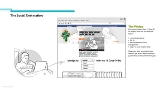 © Orchard 2015
The Social Destination
The Pledge
Participants	
  select	
  their	
  15	
  Days	
  Of	
  
Do Subject	
  from	
  our	
  pre-­‐selected	
  
topics:
• Learn	
  to	
  play	
  guitar
• Get	
  fit
• Become	
  better	
  at	
  time	
  
management
• Learn	
  to	
  cook	
  healthy	
  food
They	
  then,	
  after	
  some	
  basic	
  data	
  
capture, get	
  sent	
  a	
  Berocca sample	
  
pack	
  to	
  help	
  them	
  achieve	
  their	
  goal
 