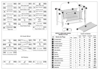 14
 DI                          X03   EF                        X01     I5                        X02
         Cavilha 8X40                    Minifix Haste Dupla               Tambor minifix 12x8                                                                          1
                                                                                                                                                                                     7
 DQ                          X13   TP                        X12      PP                       X02                                                                                         2
                                        Tampa Parafuso 10 MM               Parafuso 1/4X 50
                                                                                                             3          7                           8                            5
         Cavilha 6X40

  A                          X12   DO                          X36    CE                       X06
                                                                                                                                 4
                                          Tapa Furo Adesivo                Parafuso 1/4X 110                                                               9
       Parafuso 5,0 x 50                                                                                                   6
                                                                                                                           1
 AO                          X01   BJ                        X01      DG                       X02
         Chave Allen                      Parafuso 7X 100                  Parafuso 1/4X 80


 AV                          X20   EZ                        X04       G                       X04
         Prego 12x12                                                           Sapata L
                                          Porca Cilíndrica Nylon

 CF                          X02                            X04       D                        X04                                    10
                                   TP1
                                                                           Parafuso 3,5X14
       Porca Cilíndrica                 Tampa Parafuso Pressão                                                                                                                            12
AE                           X04                                     N                         X11
                                                                          Tampa Parafuso 13 MM                                                                    11
           Parafuso 4,5x50                                                                                                           13

                                                                                                            BERÇO MINICAMA NANDA                                              Quadro de Medidas
                                                                                                                MODELO 517XX
                                        Kit Grade Móvel                                                                                                                Largura   Espessura     Comprimento   Tipo de
                                                                                                     Nº Nome da Peça                       Código       Quantidade      (mm)       (mm)           (mm)       Material
                                                                                                     1    PÉ TRASEIRO DIREITO              4333              1          72           20          1213          MDF
 BS4                         X02   BS1                         X01   TD                        X01
                                                                              Trava Direita          2    PÉ FRONTAL DIREITO               4334              1          72           20          1213          MDF
           Limitador                 Guia com Alça Esquerda
                                                                                                     3    PÉ TRASEIRO ESQUERDO             4335              1          72           20          1213          MDF
BS5                          X04   BS2                         X01   TE                        X01
                                                                              Trava Esquerda         4    PÉ FRONTAL ESQUERDO              4336              1          72           20          1213          MDF
       Ponteira da Grade             Guia com Alça Direita
                                                                                                     5    PAINEL DIREITO                   4337              1          710          15          828           MDF
 AA                          X04   BS3                       X02     DS                       X02
Parafuso 4,0x22(Cabeça Chata)               Guia Lisa                Parafuso 3,0x16(Cabeça Chata)   6    PAINEL ESQUERDO                  4338              1          710          15          828           MDF
 AA                          X12                                                                     7    MOLDURA                          4339              2          120          15          710           MDF
Parafuso 4,0x22(Cabeça Panela)                                                                       8    GRADE FIXA                       4340              1          655          20          1303          MDF
                                                                                                     9    GRADE MÓVEL                      4341              1          655          20          1270          MDF
                                          Kit Rodízio
                                                                                                     10   BARRA DE SUSTENTAÇÃO             3698              1          150          20          1303          MDP
                                                                                                                                                                                                              MADEIRA
                                                                                                     11 TRAVESSÕES DO ESTRADO              3364              2          50           25          1303         MACIÇA
 DB                          X02   DA                        X02     D                        X16                                                                                                             MADEIRA
                                                                                                     12 RIPAS DO ESTRADO                   2485              10         70           9           650
       Rodizio sem trava                 Rodizio com trava                 Parafuso 3,5x 14                                                                                                                   MACIÇA

                                                                                                     13 BRAÇO MINICAMA                     3701              1         150           20          600          MDF
                                                                                                     14 MOSQUITEIRO                        1398              1            -           -          1310        METAL
 