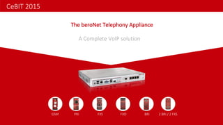 The beroNet Telephony Appliance
CeBIT 2015
GSM PRI FXS FXO BRI 2 BRI / 2 FXS
A Complete VoIP solution
 