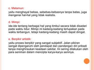 c. Melamun:
yaitu menghayal bebas, sebebas-bebasnya tanpa batas, juga
mengenai hal-hal yang tidak realistis.

d. Mimpi:
ide-ide tentang berbagai hal yang timbul secara tidak disadari
pada waktu tidur. Mimpi ini kadang-kadang terlupakan pada
waktu terbangun, tetapi kadang-kadang masih dapat diingat.

e. Berpikir artistik:
yaitu proses berpikir yang sangat subjektif. Jalan pikiran
sangat dipengaruhi oleh pendapat dan pandangan diri pribadi
tanpa menghiraukan keadaan sekitar. Ini sering dilakukan oleh
para seniman dalam mencipta karya-karya seninya.
 