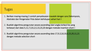 Tugas
1. Berikan masing-masing 2 contoh penyelesaian masalah dengan cara Dekomposis,
Abstraksi dan Pengenalan Pola dalam kehidupan sehari hari !
2. Buatlah algoritma pengurutan secara ascending (dari angka terkecil ke yang
terbesar) dari data 5,11,7,3,9,2,5,13,23,20 dengan metode insertion short !
3. Buatlah algoritma pengurutan secara ascending data 17,9,12,8,10,6,13,20,11,21
dengan metode selection short
 
