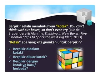 Berpikir didalam
kotak?
Berpikir diluar kotak?
Berpikir dengan
kotak yg baru/
berbeda?
Berpikir selalu membutuhkan “Kotak”. You can’t
think without boxes, so don’t even try (Luc de
Brabandere & Alan Iny, Thinking in New Boxes: Five
Essential Steps to Spark the Next Big Idea, 2013)
“Kotak” apa yang kita gunakan untuk berpikir?
 