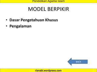 MODEL BERPIKIR
• Dasar Pengetahuan Khusus
• Pengalaman
BACK
 
