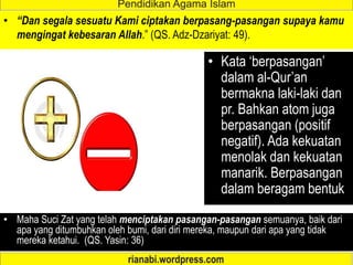 • Kata ‘berpasangan’
dalam al-Qur’an
bermakna laki-laki dan
pr. Bahkan atom juga
berpasangan (positif
negatif). Ada kekuatan
menolak dan kekuatan
manarik. Berpasangan
dalam beragam bentuk
• “Dan segala sesuatu Kami ciptakan berpasang-pasangan supaya kamu
mengingat kebesaran Allah.” (QS. Adz-Dzariyat: 49).
• Maha Suci Zat yang telah menciptakan pasangan-pasangan semuanya, baik dari
apa yang ditumbuhkan oleh bumi, dari diri mereka, maupun dari apa yang tidak
mereka ketahui. (QS. Yasin: 36)
 