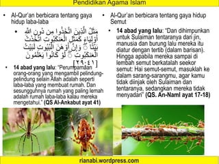 • Al-Qur’an berbicara tentang gaya
hidup laba-laba
• 14 abad yang lalu: “Perumpamaan
orang-orang yang mengambil pelindung-
pelindung selain Allah adalah seperti
laba-laba yang membuat rumah. Dan
sesungguhnya rumah yang paling lemah
adalah rumah laba-laba kalau mereka
mengetahui.” (QS Al-Ankabut ayat 41)
• ‫و‬ُ‫ذ‬َ‫خ‬َّ‫ت‬‫ا‬ َ‫ِين‬‫ذ‬َّ‫ال‬ ُ‫ل‬َ‫ث‬َ‫م‬
ِ َّ
‫َّللا‬ ِ‫ُون‬‫د‬ ‫ن‬ِ‫م‬ ‫ا‬
َ‫ع‬ْ‫ال‬ ِ‫ل‬َ‫ث‬َ‫م‬َ‫ك‬ َ‫ء‬‫ا‬َ‫ي‬ِ‫ل‬ ْ‫و‬َ‫أ‬
ْ‫ت‬َ‫ذ‬َ‫خ‬َّ‫ت‬‫ا‬ ِ‫ت‬‫و‬ُ‫ب‬َ‫ك‬‫ن‬
‫ا‬ً‫ت‬ْ‫ي‬َ‫ب‬
ُ‫ْت‬‫ي‬َ‫ب‬َ‫ل‬ ِ‫ت‬‫و‬ُ‫ي‬ُ‫ب‬ْ‫ال‬ َ‫َن‬‫ه‬ ْ‫و‬َ‫أ‬ َّ‫ن‬ِ‫إ‬ َ‫و‬ ۖ
ِ‫ت‬‫و‬ُ‫ب‬َ‫ك‬‫ن‬َ‫ع‬ْ‫ال‬
َ‫ون‬ُ‫م‬َ‫ل‬ْ‫ع‬َ‫ي‬ ‫وا‬ُ‫ن‬‫ا‬َ‫ك‬ ْ‫و‬َ‫ل‬ ۖ
[
٢٩:٤١
]
• 14 abad yang lalu: “Dan dihimpunkan
untuk Sulaiman tentaranya dari jin,
manusia dan burung lalu mereka itu
diatur dengan tertib (dalam barisan).
Hingga apabila mereka sampai di
lembah semut berkatalah seekor
semut: Hai semut-semut, masuklah ke
dalam sarang-sarangmu, agar kamu
tidak diinjak oleh Sulaiman dan
tentaranya, sedangkan mereka tidak
menyadari” (QS. An-Naml ayat 17-18)
• Al-Qur’an berbicara tentang gaya hidup
Semut
 