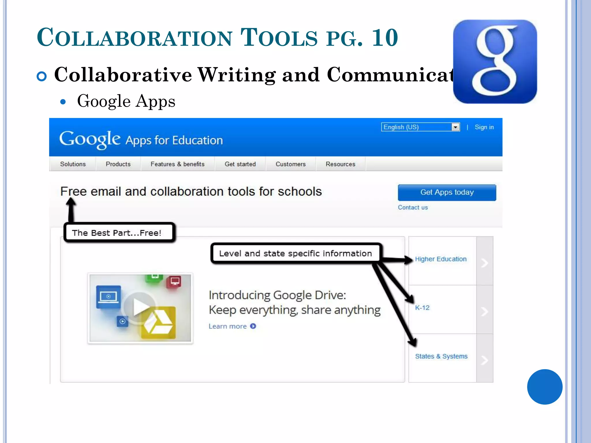 COLLABORATION TOOLS PG. 10
   Collaborative Writing and Communication
       Google Apps
 