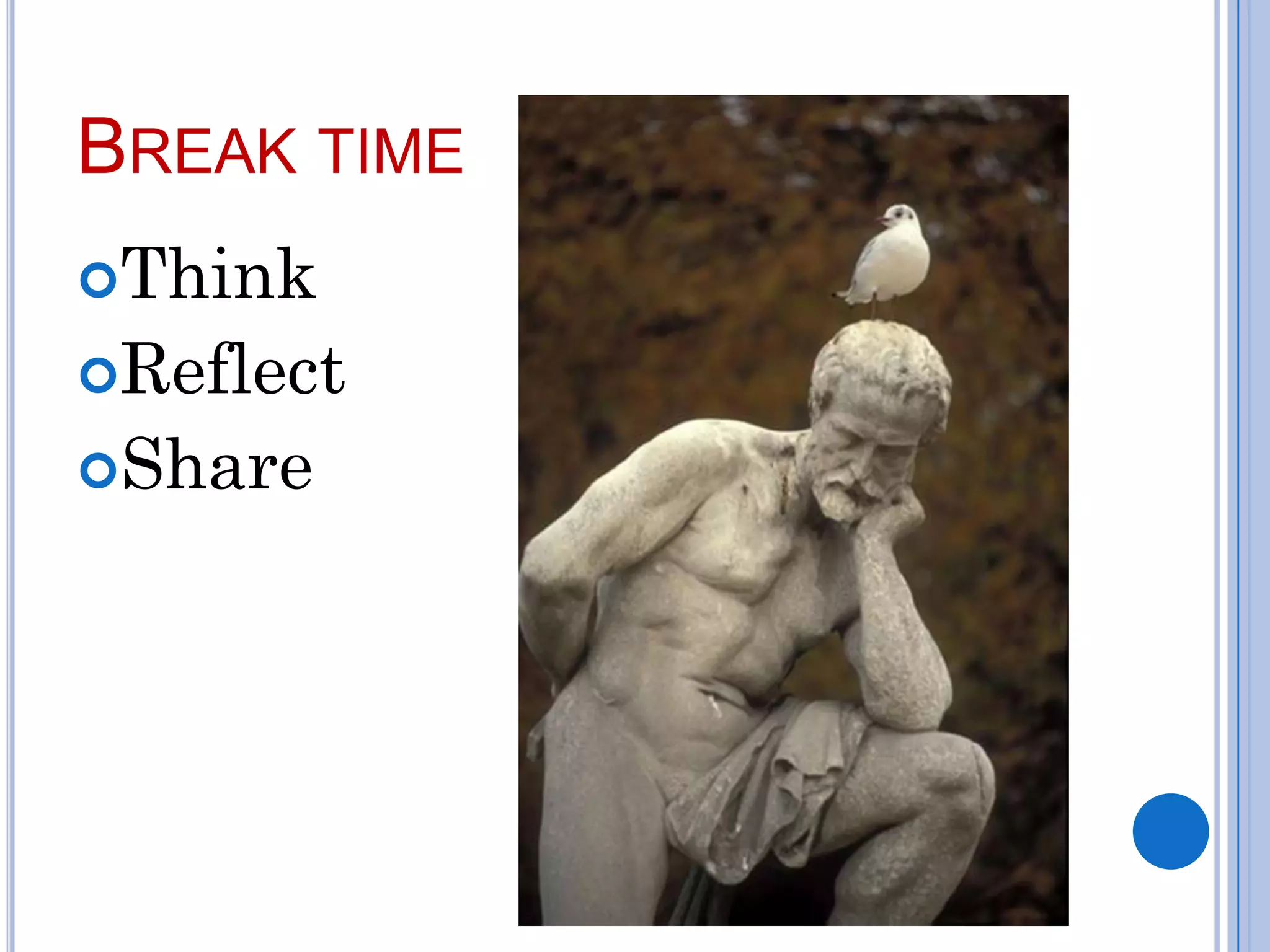 BREAK TIME
Think
Reflect
Share
 