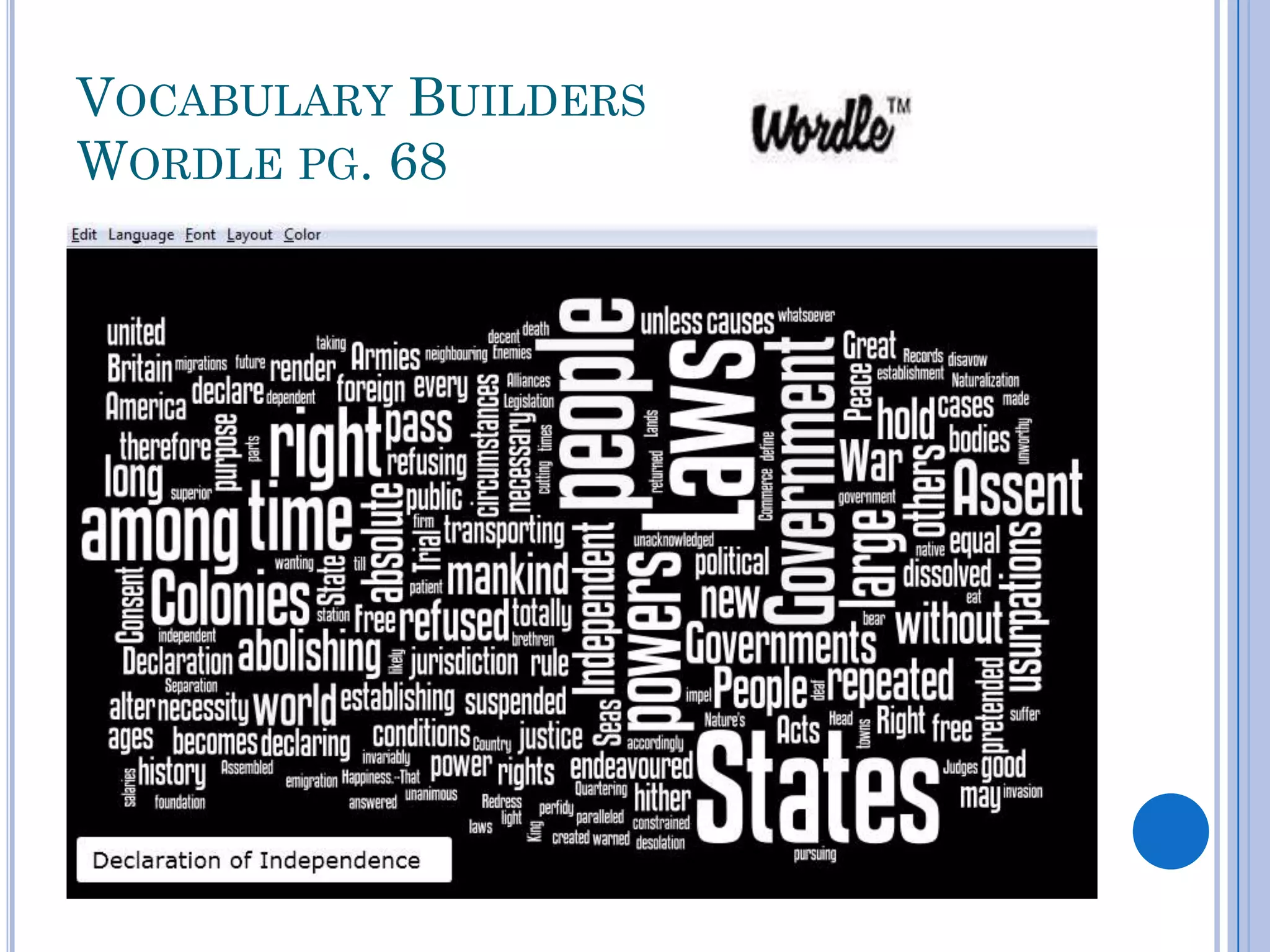 VOCABULARY BUILDERS
WORDLE PG. 68
 