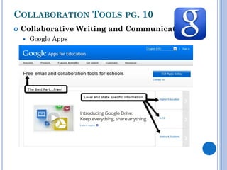 COLLABORATION TOOLS PG. 10
   Collaborative Writing and Communication
       Google Apps
 