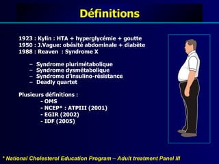 Définitions

      1923 : Kylin : HTA + hyperglycémie + goutte
      1950 : J.Vague: obésité abdominale + diabète
      1988 : Reaven : Syndrome X

          –   Syndrome plurimétabolique
          –   Syndrome dysmétabolique
          –   Syndrome d’insulino-résistance
          –   Deadly quartet

      Plusieurs définitions :
              - OMS
              - NCEP* : ATPIII (2001)
              - EGIR (2002)
              - IDF (2005)




* National Cholesterol Education Program – Adult treatment Panel III
 