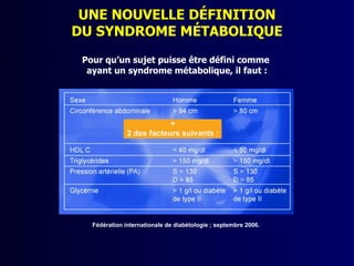 UNE NOUVELLE DÉFINITION
DU SYNDROME MÉTABOLIQUE
 Pour qu’un sujet puisse être défini comme
  ayant un syndrome métabolique, il faut :




   Fédération internationale de diabétologie ; septembre 2006.
 
