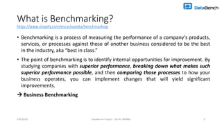 4/9/2019 DataBench Project - GA Nr 780966 3
What is Benchmarking?
https://www.shopify.com/encyclopedia/benchmarking
• Benchmarking is a process of measuring the performance of a company’s products,
services, or processes against those of another business considered to be the best
in the industry, aka “best in class.”
• The point of benchmarking is to identify internal opportunities for improvement. By
studying companies with superior performance, breaking down what makes such
superior performance possible, and then comparing those processes to how your
business operates, you can implement changes that will yield significant
improvements.
 Business Benchmarking
4/9/2019 DataBench Project - GA Nr 780966 3
 