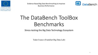 Evidence Based Big Data Benchmarking to Improve
Business Performance
The DataBench ToolBox
Benchmarks
Stress-testing the Big Data Technology Ecosystem
Todor Ivanov (Frankfurt Big Data Lab)
31
 