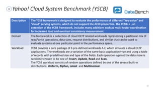 Yahoo! Cloud System Benchmark (YSCB)
Description The YCSB framework is designed to evaluate the performance of different “key-value” and
“cloud” serving systems, which do not support the ACID properties. The YCSB++ , an
extension of the YCSB framework, includes many additions such as multi-tester coordination
for increased load and eventual consistency measurement.
Domain The framework is a collection of cloud OLTP related workloads representing a particular mix of
read/write operations, data sizes, request distributions, and similar that can be used to
evaluate systems at one particular point in the performance space.
Workload YCSB provides a core package of 6 pre-defined workloads A-F, which simulate a cloud OLTP
applications. The workloads are a variation of the same basic application type and using a table
of records with predefined size and type of the fields. Each operation against the data store is
randomly chosen to be one of: Insert, Update, Read and Scan.
The YCSB workload consists of random operations defined by one of the several built-in
distributions: Uniform, Zipfian, Latest and Multinomial.
42
1
 