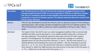 TPCx-IoT
Description The TPC Benchmark IoT (TPCx-IoT) benchmark workload is designed based on Yahoo
Cloud Serving Benchmark (YCSB). It is not comparable to YCSB due to significant changes.
The TPCx-IoT workloads consists of data ingestion and concurrent queries simulating
workloads on typical IoT Gateway systems. The dataset represents data from sensors from
electric power station(s).
Domain TPCx-IoT was developed to provide the industry with an objective measure of the hardware,
operating system, data storage and data management systems for IoT Gateway systems. The
TPCx-IoT benchmark models a continuous system availability of 24 hours a day, 7 days a
week.
Workload The System Under Test (SUT) must run a data management platform that is commercially
available and data must be persisted in a non-volatile durable media with a minimum of
two-way replication. The workload represents data inject into the SUT with analytics
queries in the background. The analytic queries retrieve the readings of a randomly
selected sensor for two 30 second time intervals, TI1 and TI2. The first time interval TI1 is
defined between the timestamp the query was started Ts and the timestamp 5 seconds
prior to TS , i.e. TI1 =[TS -5,TS]. The second time interval is a randomly selected 5 seconds
time interval TI2 within the 1800 seconds time interval prior to the start of the first query, TS
-5. If TS <=1810, prior to the start of the first query, TS -5.
44
1
 