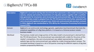 BigBench/ TPCx-BB
Description BigBench is an end-to-end big data benchmark that represents a data model simulating the
volume, velocity and variety characteristics of a big data system, together with a synthetic
data generator for structured, semi-structured and unstructured data. The structured part
of the retail data model is adopted from the TPC-DS benchmark and further extended with
semi-structured (registered and guest user clicks) and unstructured data (product reviews).
In 2016, BigBench was standardized as TPCx-BB by the Transaction Processing Performance
Council (TPC).
Domain BigBench is an end-to-end, technology agnostic, application-level benchmark that tests the
analytical capabilities of a Big Data platform. It is based on a fictional product retailer
business model.
Workload The business model and a large portion of the data model's structured part is derived from
the TPC-DS benchmark. The structured part was extended with a table for the prices of the
retailer's competitors, the semi-structured part was added represented by a table with
website logs and the unstructured part was added by a table showing product reviews. The
simulated workload is based on a set of 30 queries covering the different aspects of big data
analytics proposed by McKinsey.
47
1
 