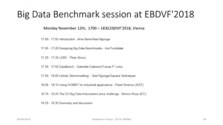Big Data Benchmark session at EBDVF'2018
09/04/2019 DataBench Project - GA Nr 780966 59
Monday November 12th, 1700 – 1830,EBDVF'2018, Vienna
 