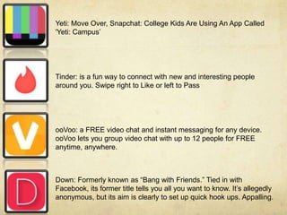 Yeti: Move Over, Snapchat: College Kids Are Using An App Called
'Yeti: Campus’
Tinder: is a fun way to connect with new and interesting people
around you. Swipe right to Like or left to Pass
ooVoo: a FREE video chat and instant messaging for any device.
ooVoo lets you group video chat with up to 12 people for FREE
anytime, anywhere.
Down: Formerly known as “Bang with Friends.” Tied in with
Facebook, its former title tells you all you want to know. It’s allegedly
anonymous, but its aim is clearly to set up quick hook ups. Appalling.
 
