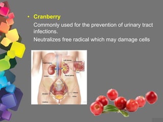 • Goji berries
Anti inflammatory agent.
Cholesterol lowering effect.
 