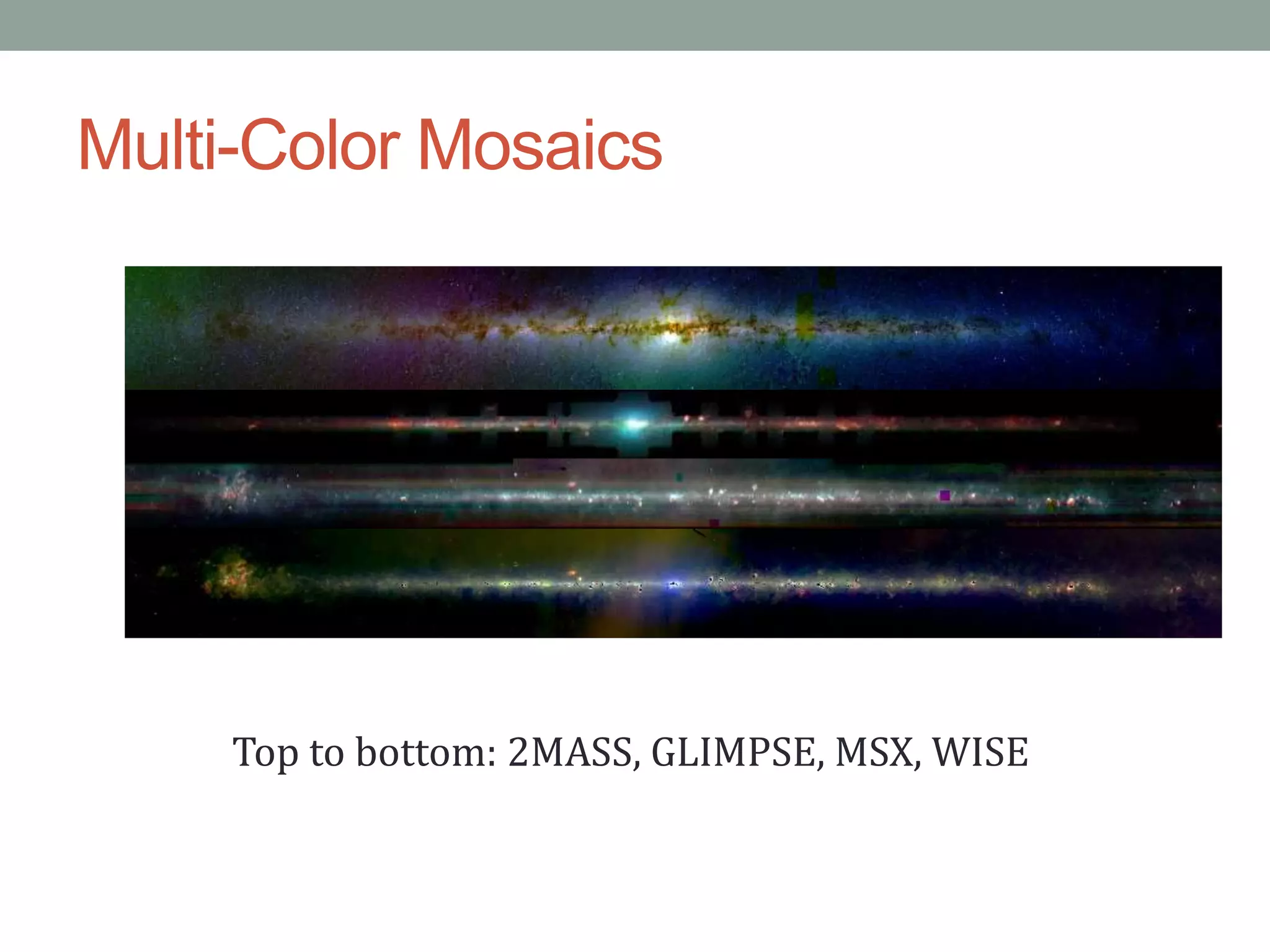 Multi-Color Mosaics
Top to bottom: 2MASS, GLIMPSE, MSX, WISE
 